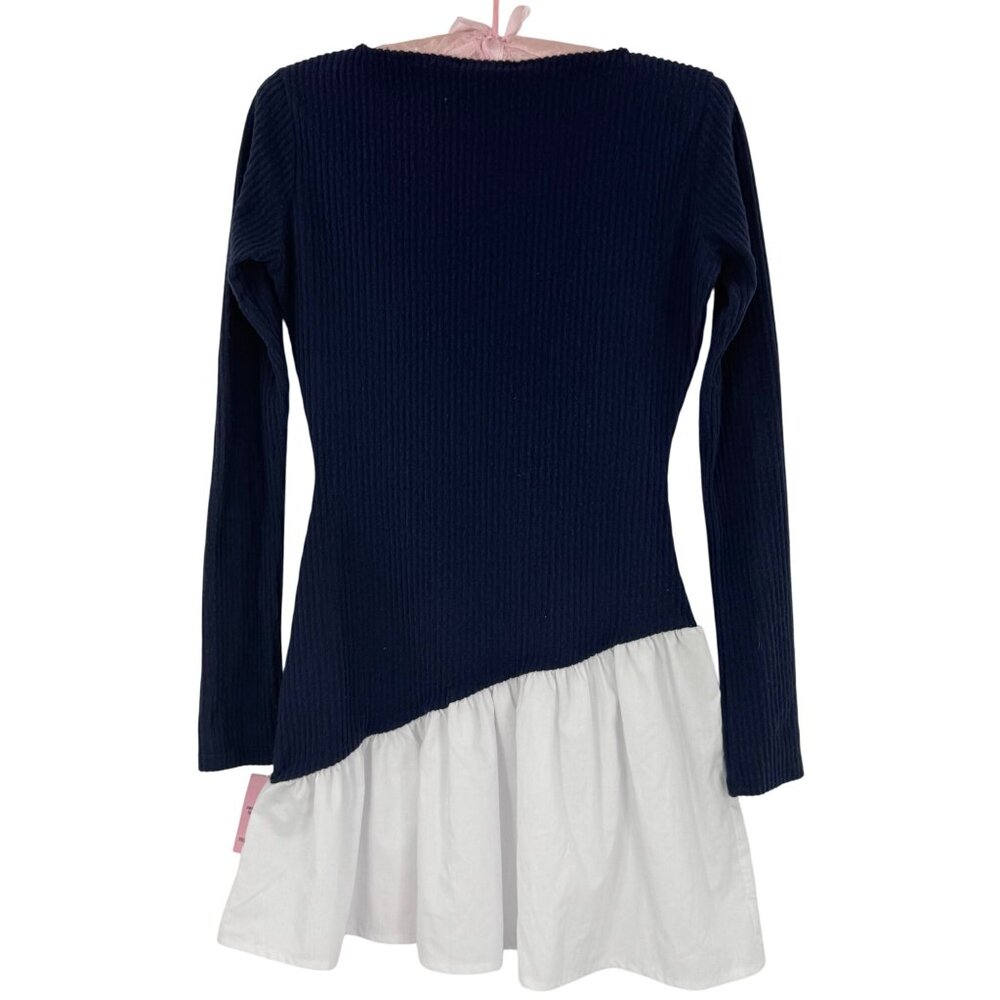 NWT PrettyLittleThing Navy Brushed Rib Asymmetric Ruffle Mini Dress Skater Style - Picture 7 of 16